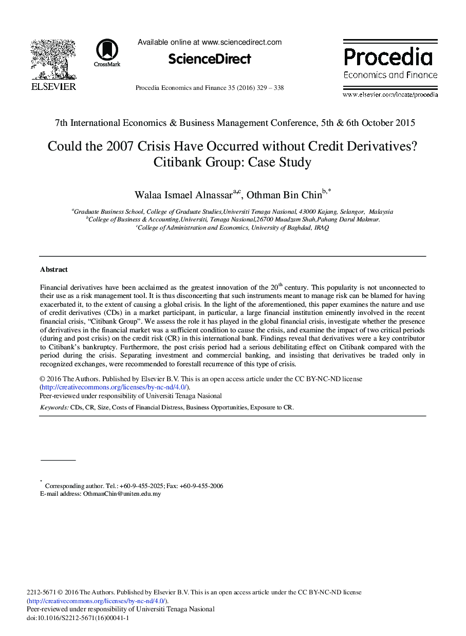 Could the 2007 Crisis Have Occurred without Credit Derivatives? Citibank Group: Case Study 