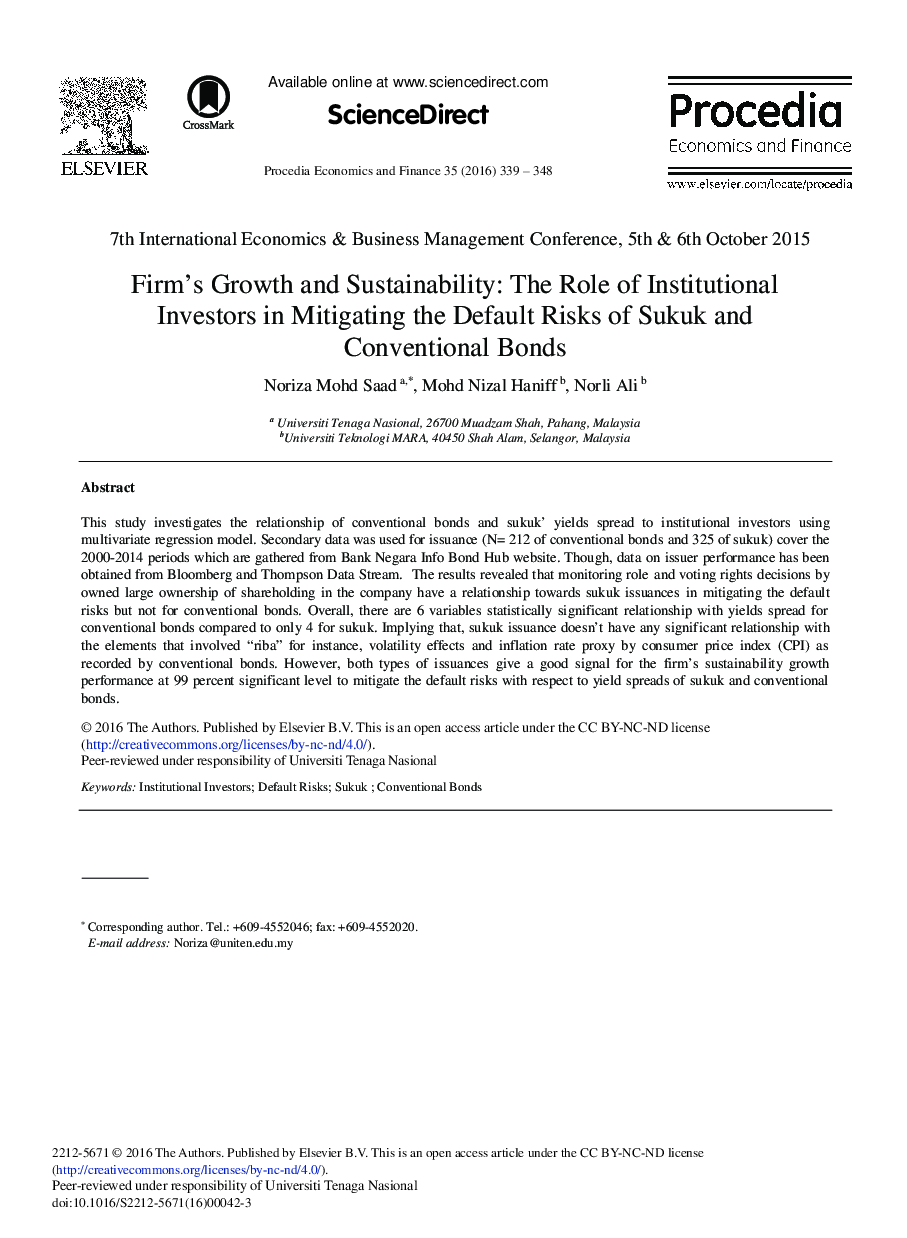 Firm's Growth and Sustainability: The Role of Institutional Investors in Mitigating the Default Risks of Sukuk and Conventional Bonds 