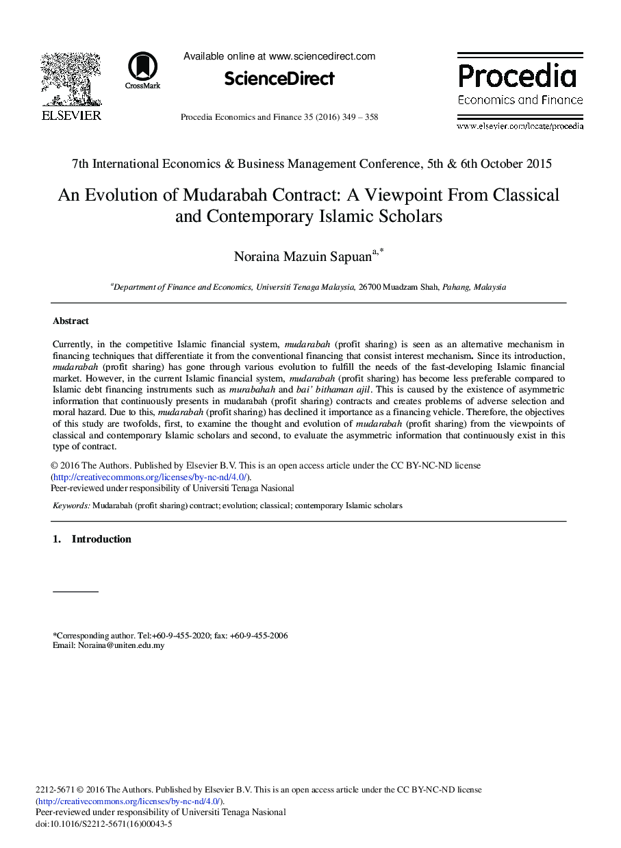 An Evolution of Mudarabah Contract: A Viewpoint From Classical and Contemporary Islamic Scholars 
