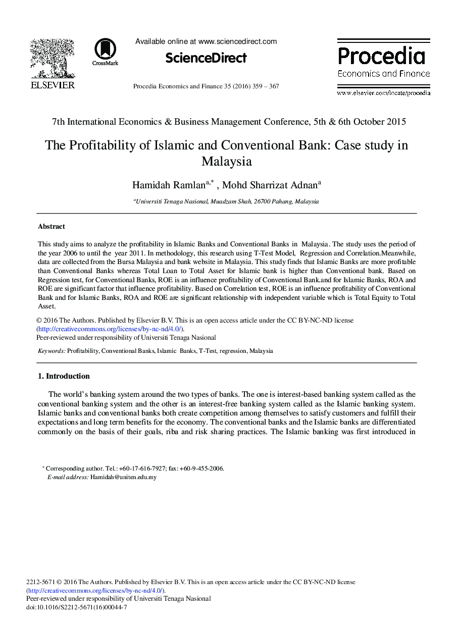 The Profitability of Islamic and Conventional Bank: Case Study in Malaysia 