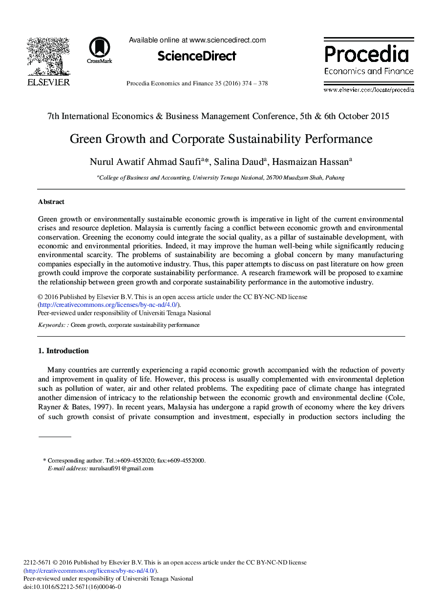 Green Growth and Corporate Sustainability Performance 
