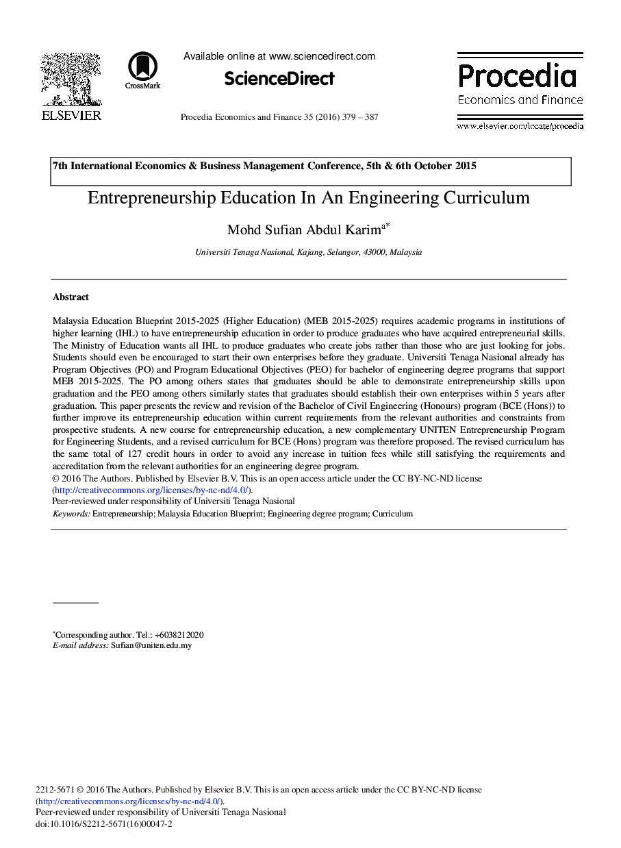 Entrepreneurship Education in an Engineering Curriculum 