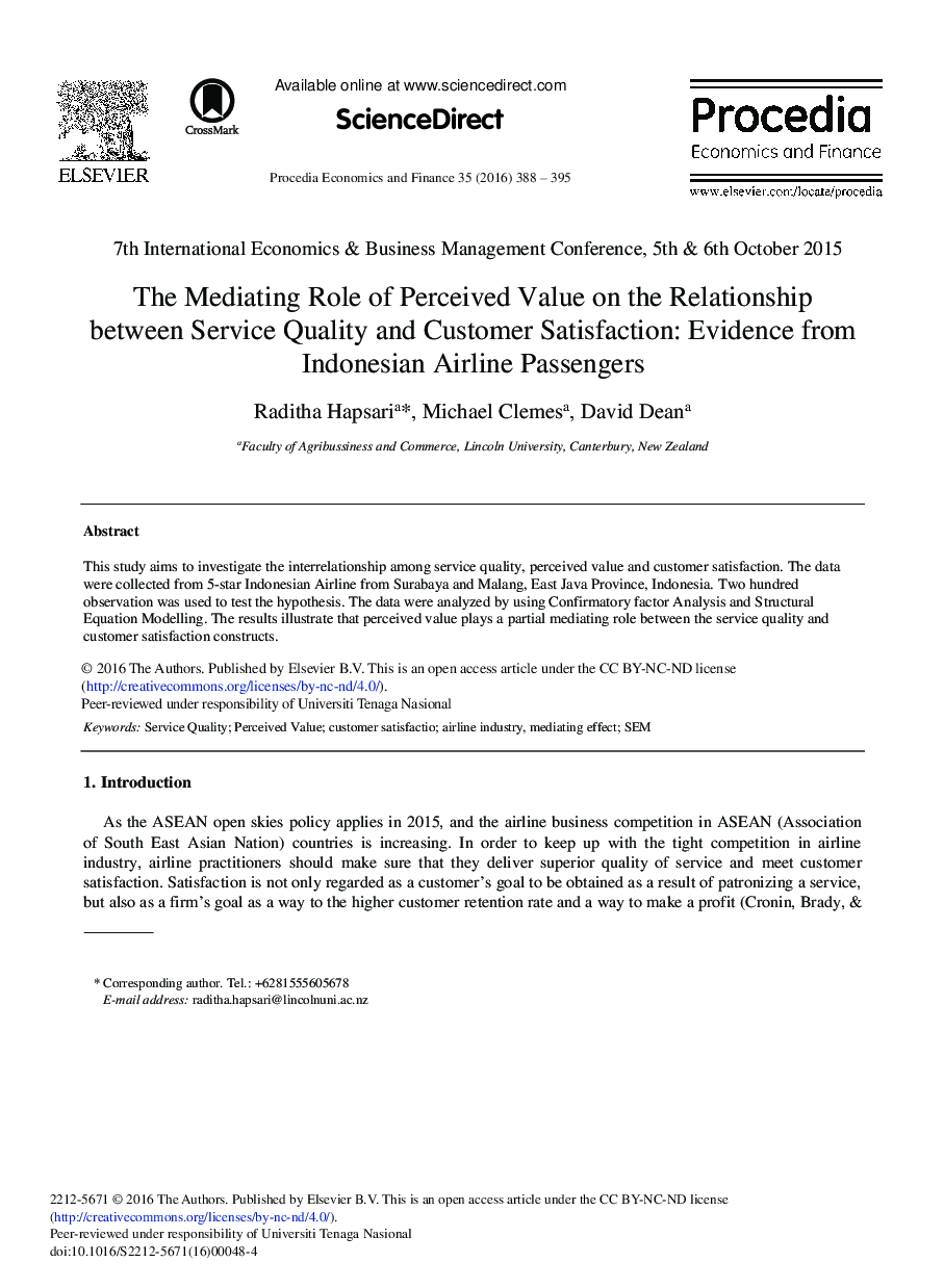 The Mediating Role of Perceived Value on the Relationship between Service Quality and Customer Satisfaction: Evidence from Indonesian Airline Passengers 