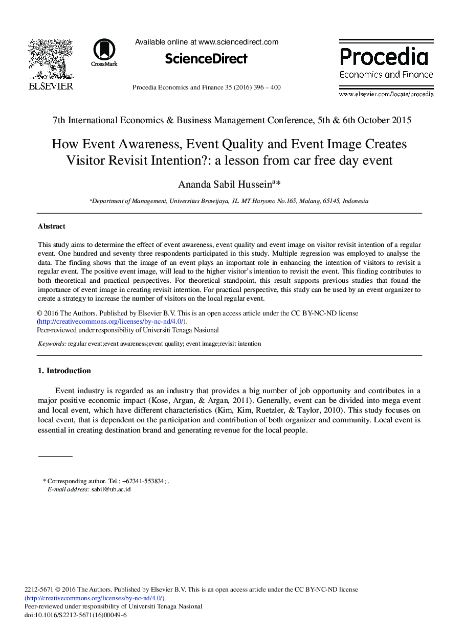How Event Awareness, Event Quality and Event Image Creates Visitor Revisit Intention?: A Lesson from Car free Day Event 
