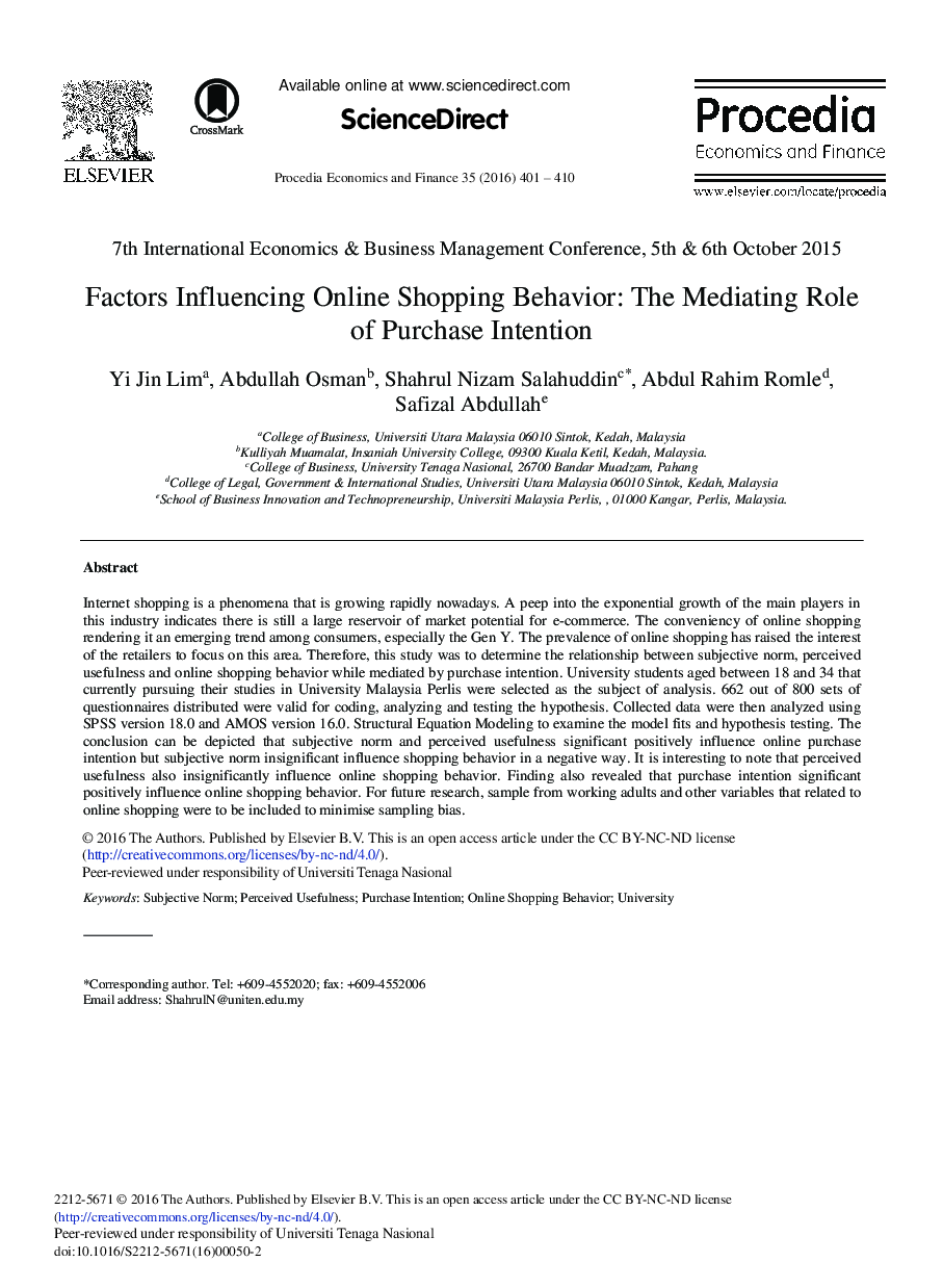Factors Influencing Online Shopping Behavior: The Mediating Role of Purchase Intention 