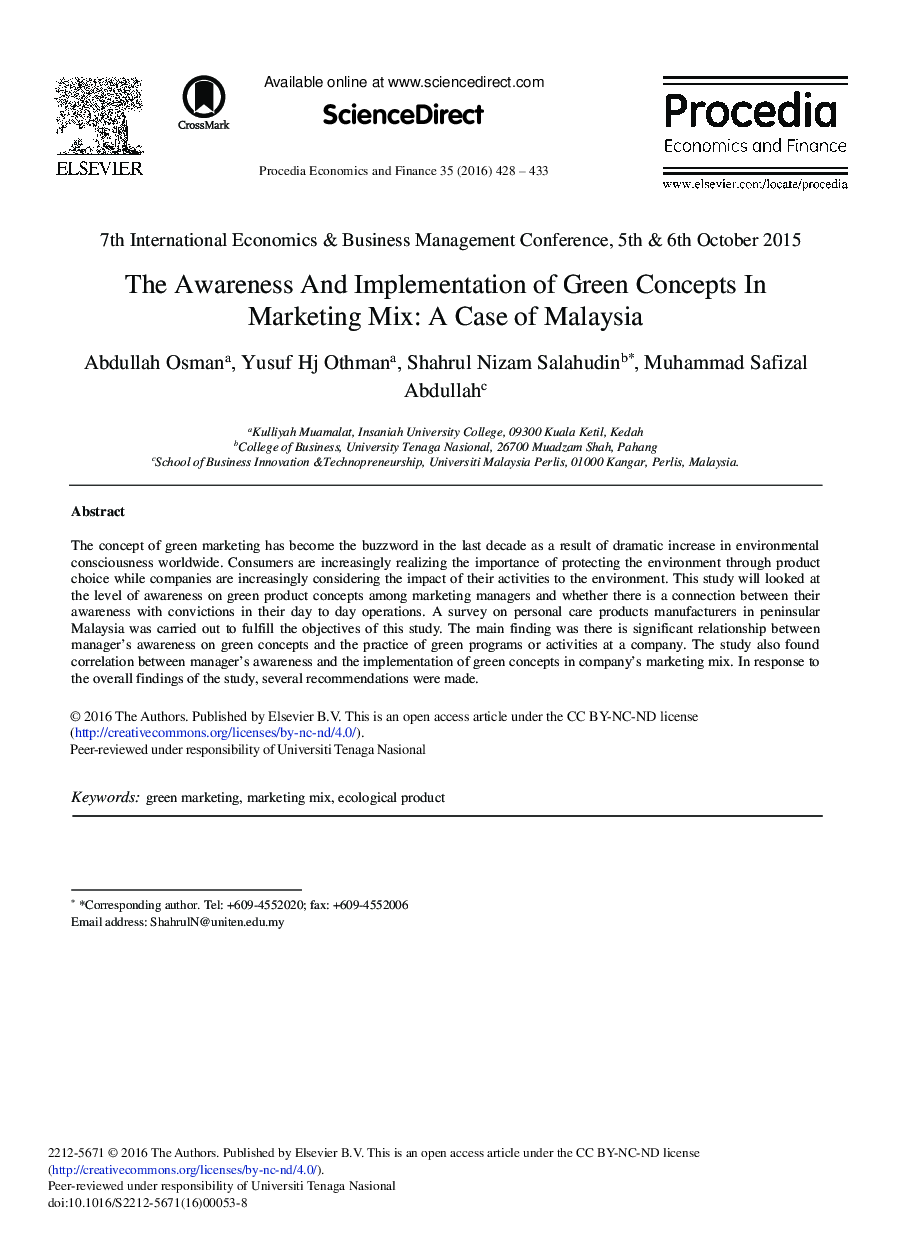 The Awareness and Implementation of Green Concepts in Marketing Mix: A Case of Malaysia 