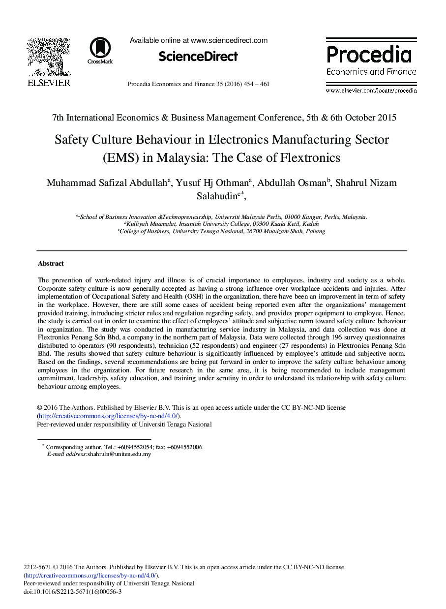 Safety Culture Behaviour in Electronics Manufacturing Sector (EMS) in Malaysia: The Case of Flextronics 