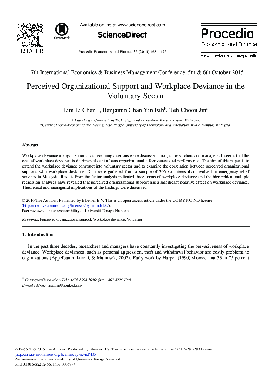 Perceived Organizational Support and Workplace Deviance in the Voluntary Sector 