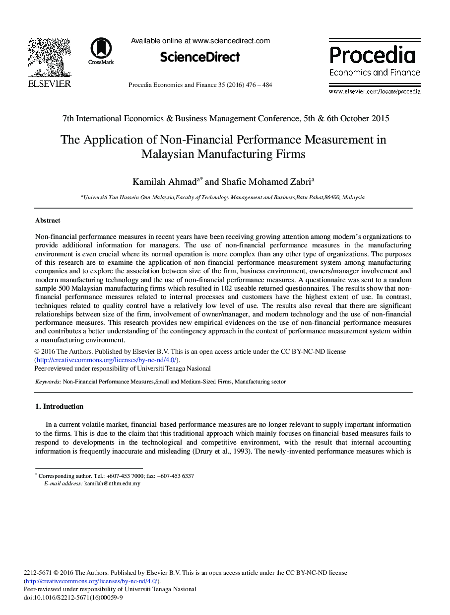 The Application of Non-Financial Performance Measurement in Malaysian Manufacturing Firms 