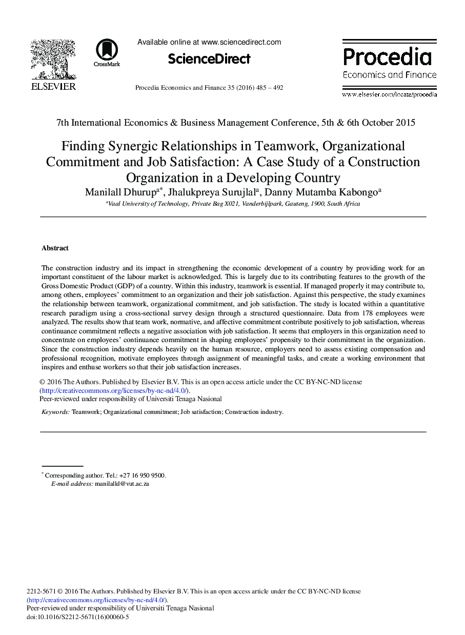 Finding Synergic Relationships in Teamwork, Organizational Commitment and Job Satisfaction: A Case Study of a Construction Organization in a Developing Country 