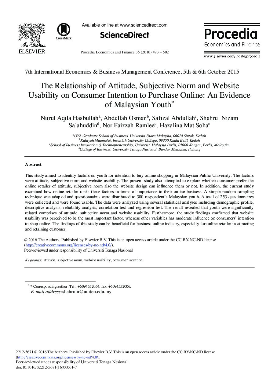 The Relationship of Attitude, Subjective Norm and Website Usability on Consumer Intention to Purchase Online: An Evidence of Malaysian Youth 