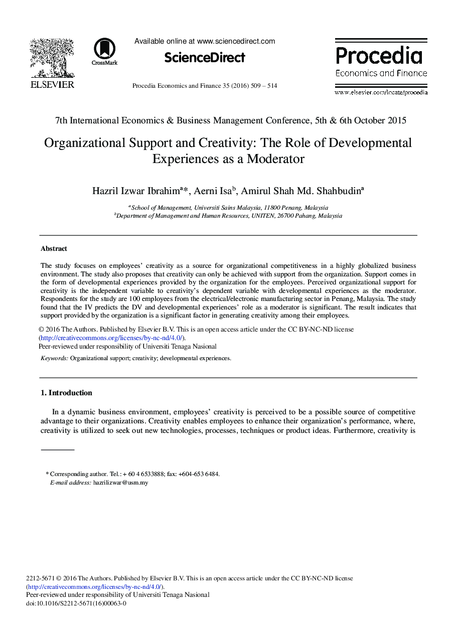 Organizational Support and Creativity: The Role of Developmental Experiences as a Moderator 