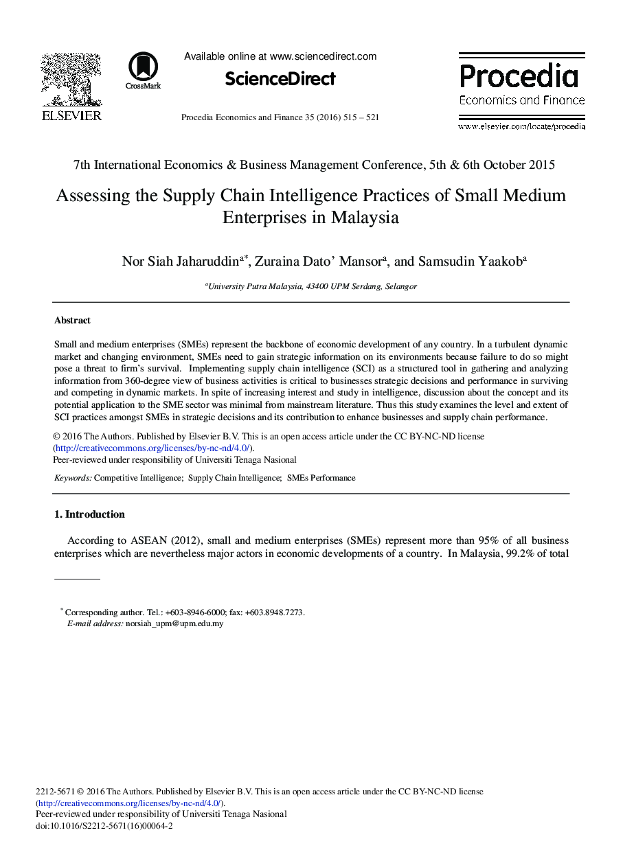 Assessing the Supply Chain Intelligence Practices of Small Medium Enterprises in Malaysia 