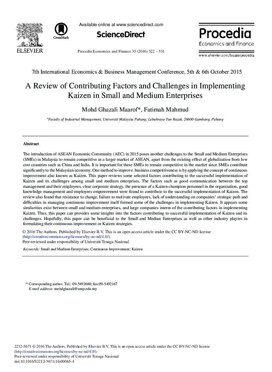 A Review of Contributing Factors and Challenges in Implementing Kaizen in Small and Medium Enterprises 