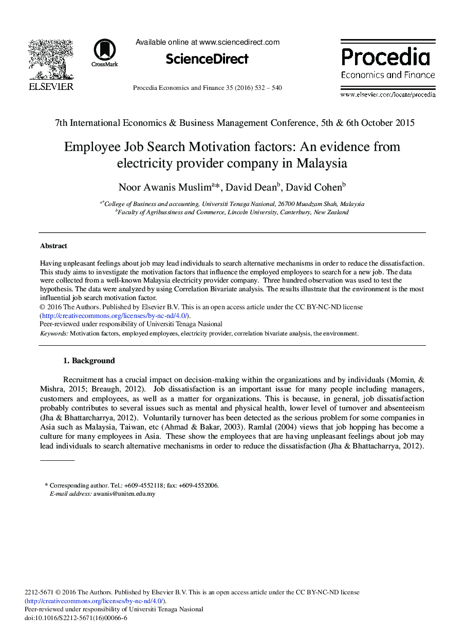 Employee Job Search Motivation Factors: An evidence from Electricity Provider Company in Malaysia 