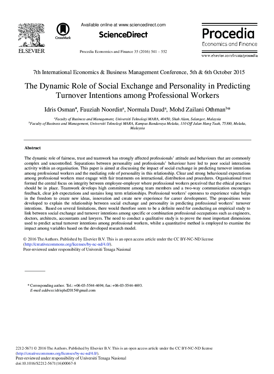 The Dynamic Role of Social Exchange and Personality in Predicting Turnover Intentions among Professional Workers 