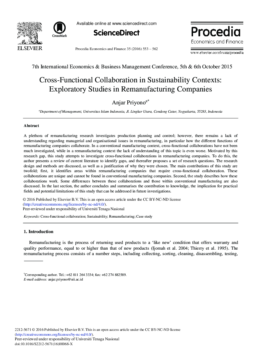 Cross-Functional Collaboration in Sustainability Contexts: Exploratory Studies in Remanufacturing Companies 
