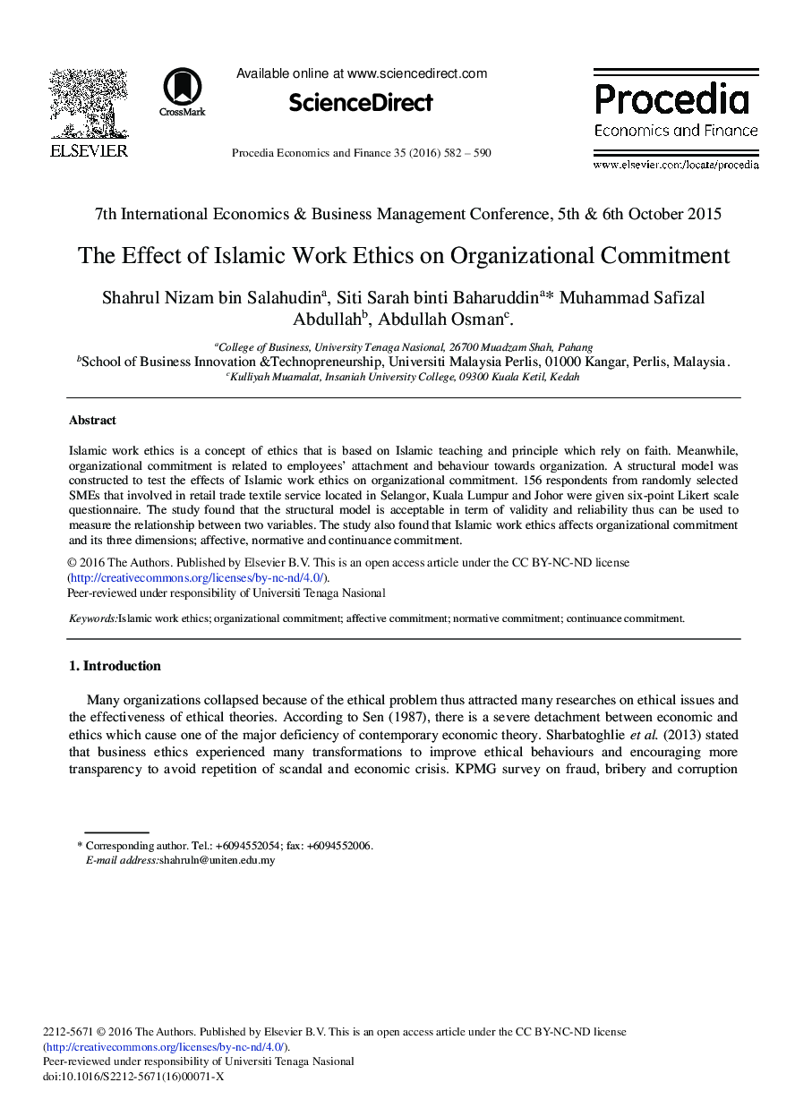The Effect of Islamic Work Ethics on Organizational Commitment 
