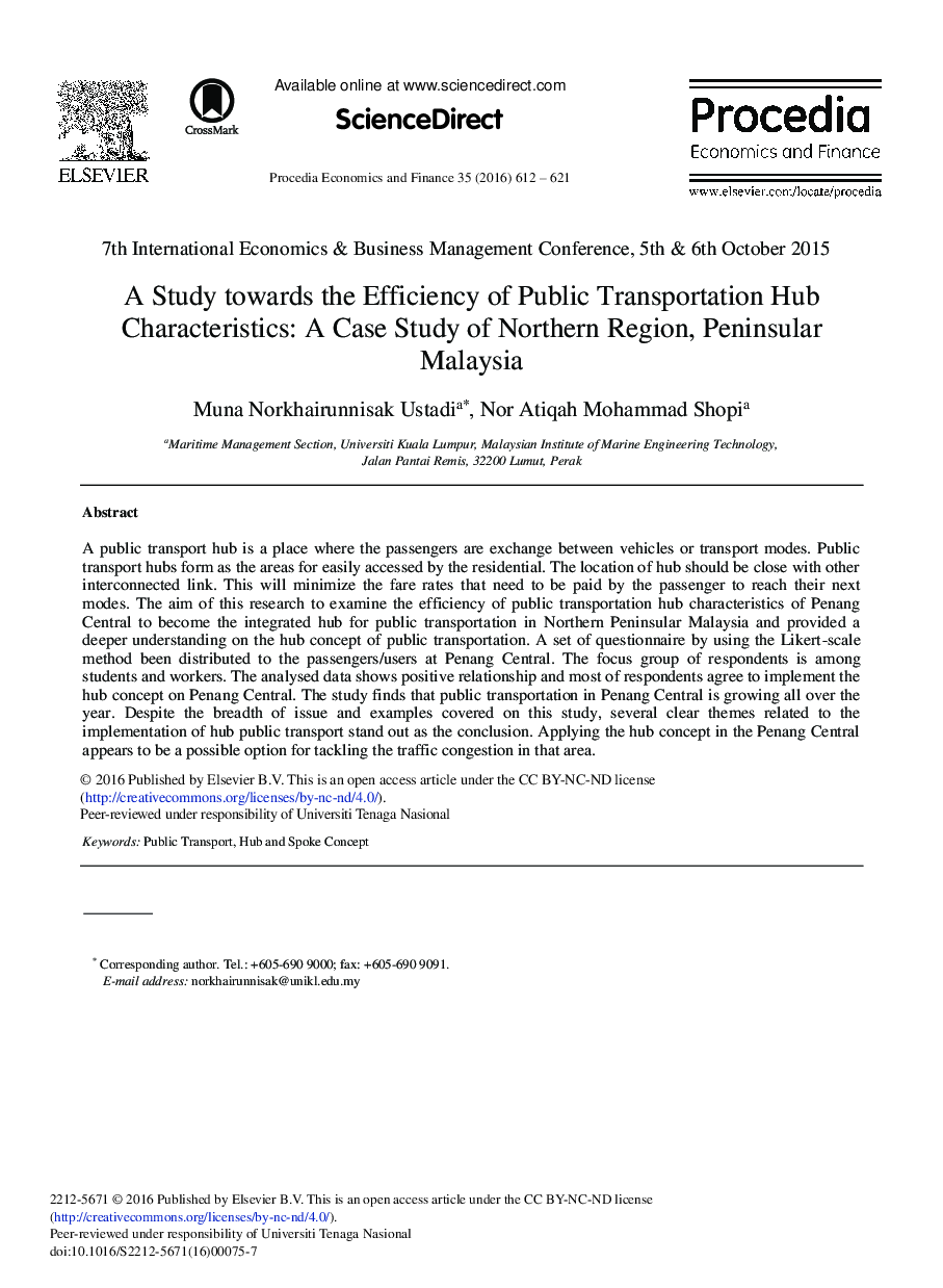 A Study towards the Efficiency of Public Transportation Hub Characteristics: A Case Study of Northern Region, Peninsular Malaysia 