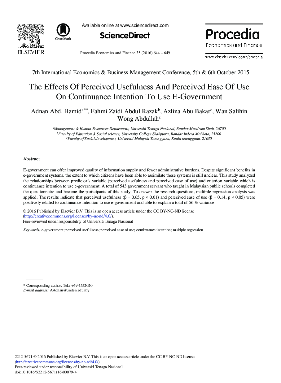 The Effects of Perceived Usefulness and Perceived Ease of Use on Continuance Intention to Use E-Government 