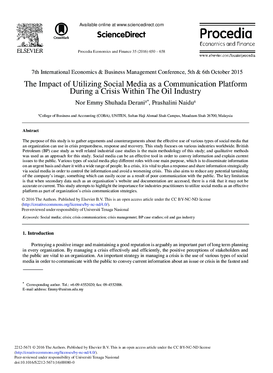 The Impact of Utilizing Social Media as a Communication Platform during a Crisis within the Oil Industry 