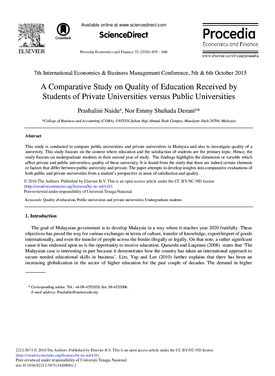 A Comparative Study on Quality of Education Received by Students of Private Universities versus Public Universities 