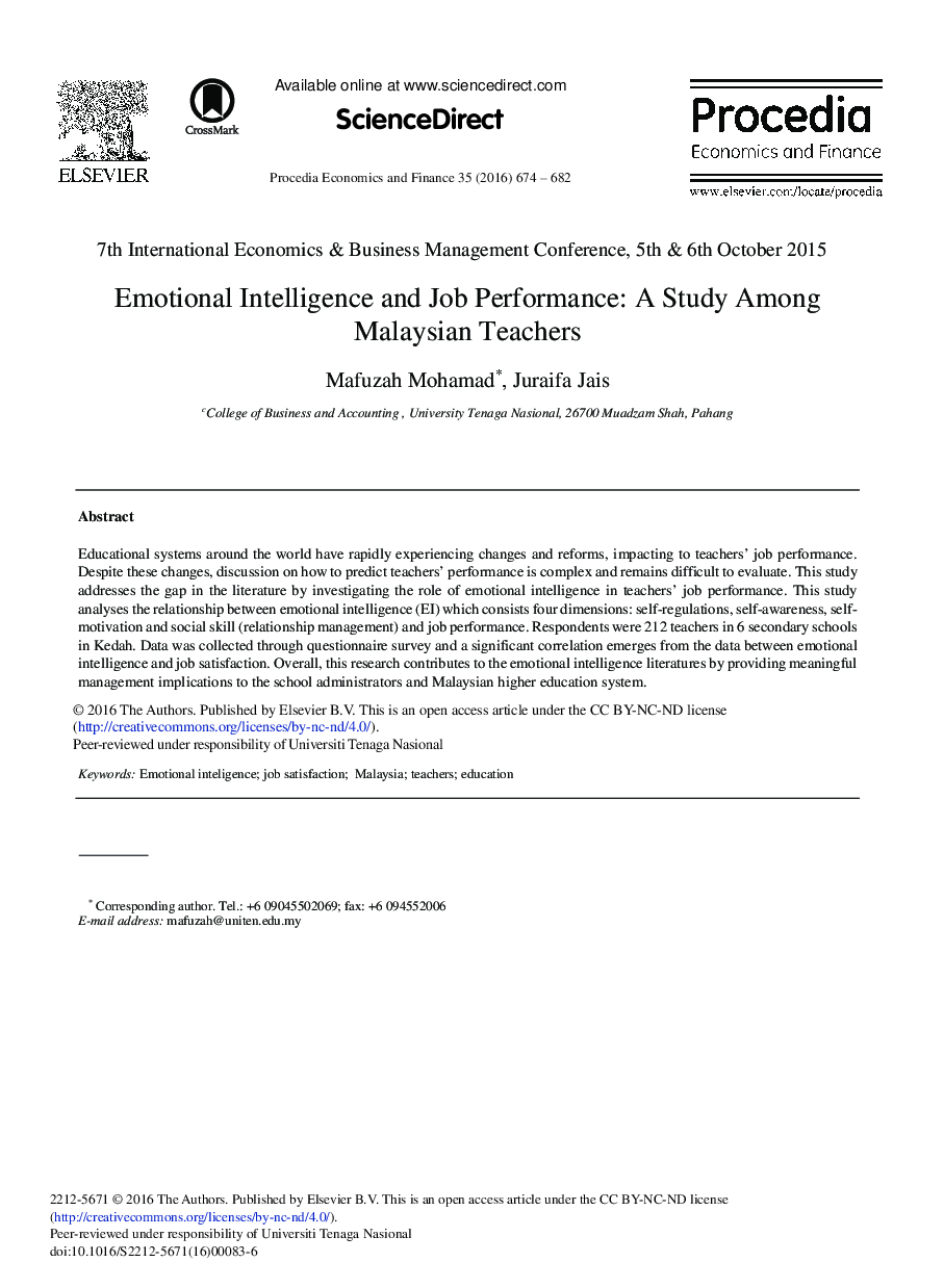 Emotional Intelligence and Job Performance: A Study among Malaysian Teachers 