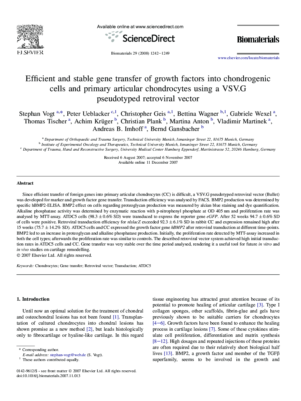 Efficient and stable gene transfer of growth factors into chondrogenic cells and primary articular chondrocytes using a VSV.G pseudotyped retroviral vector