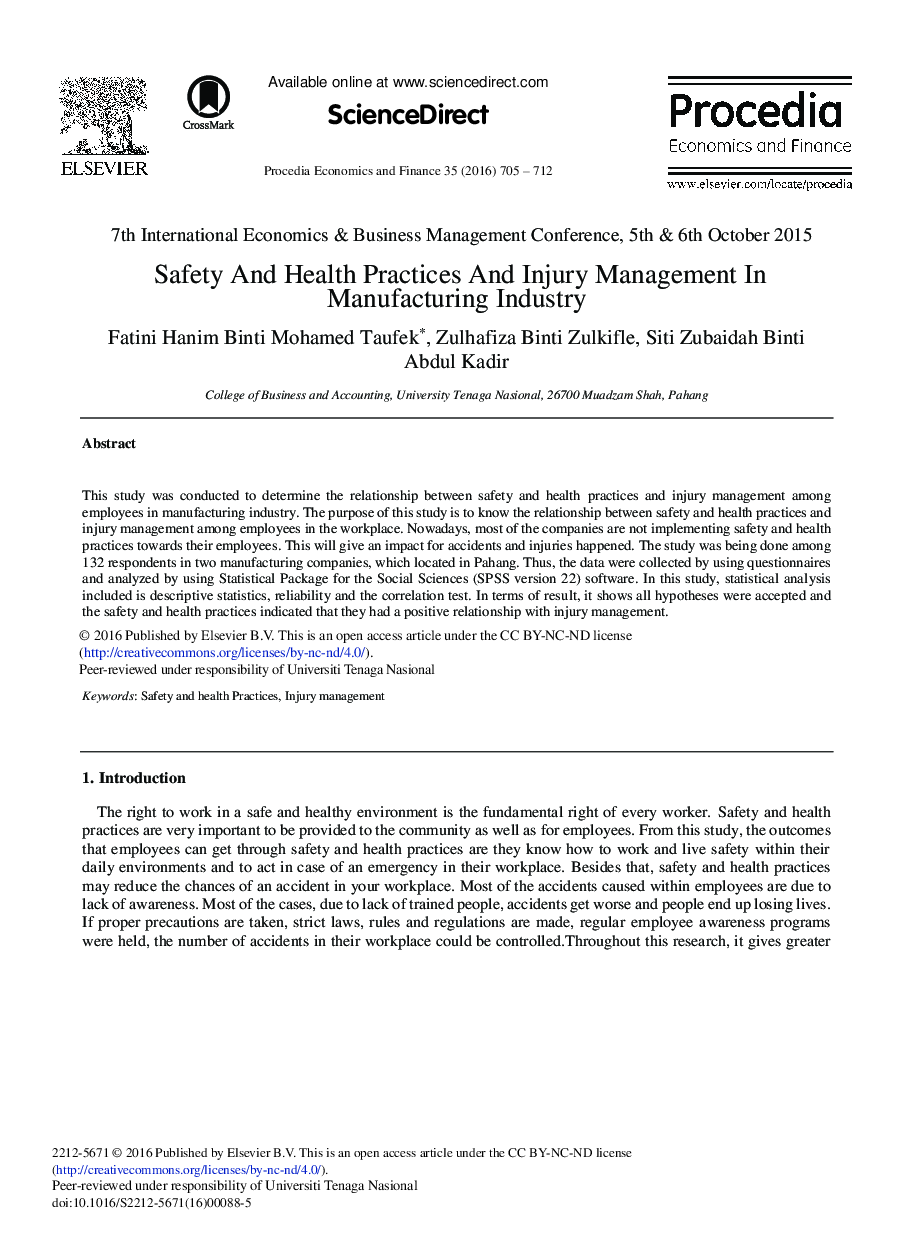Safety and Health Practices and Injury Management in Manufacturing Industry 