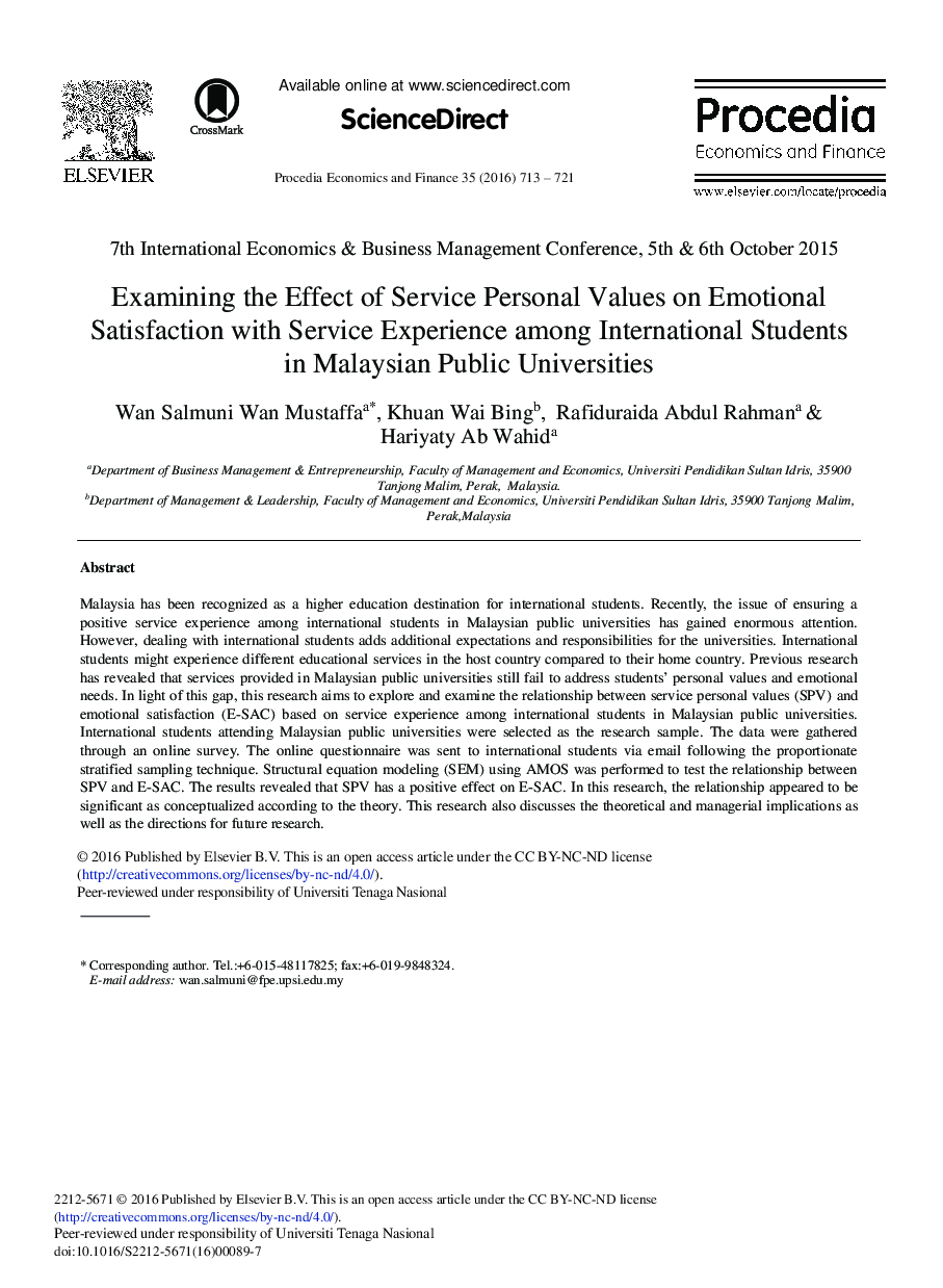 Examining the Effect of Service Personal Values on Emotional Satisfaction with Service Experience among International Students in Malaysian Public Universities 