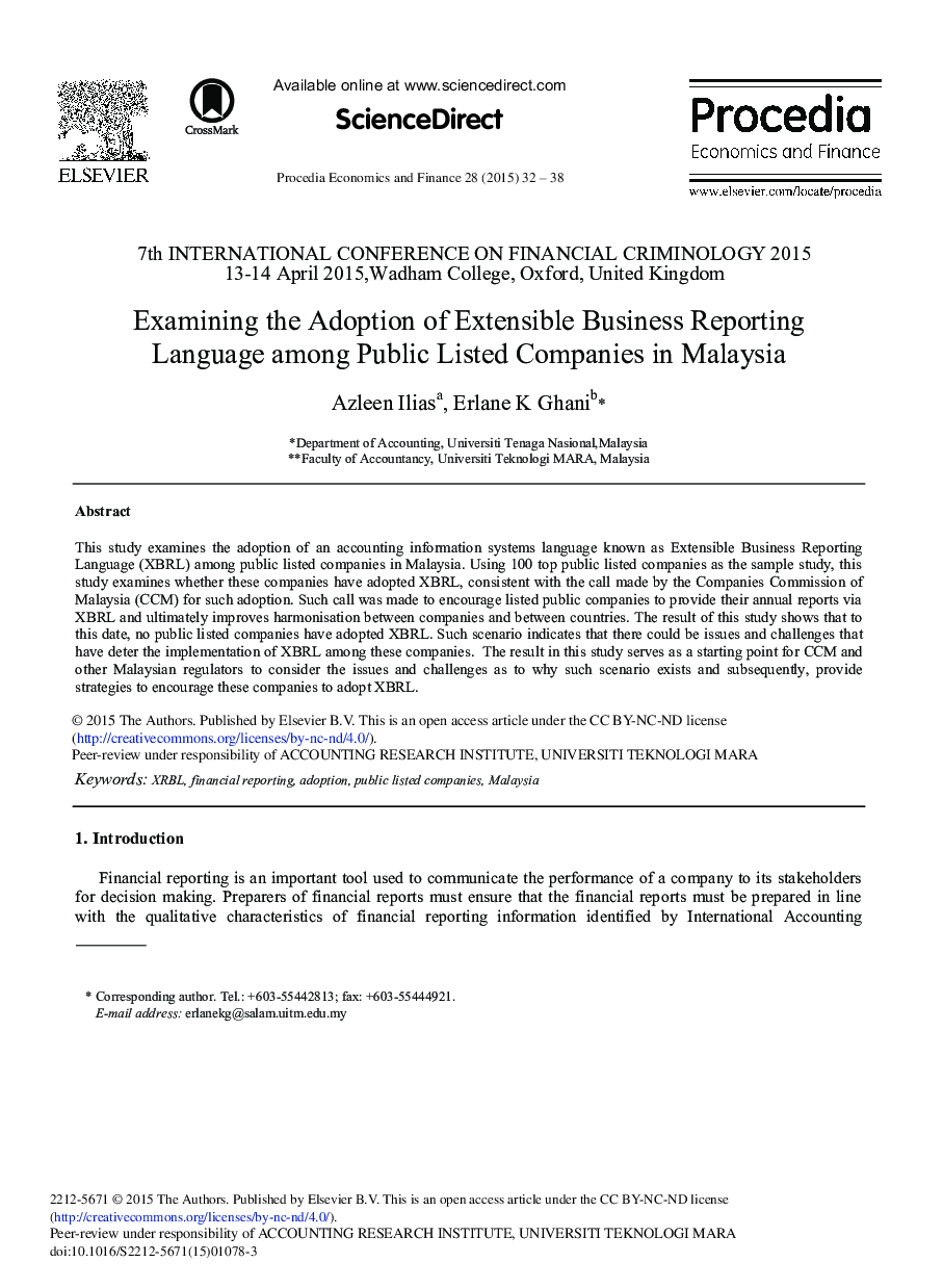 Examining the Adoption of Extensible Business Reporting Language among Public Listed Companies in Malaysia 