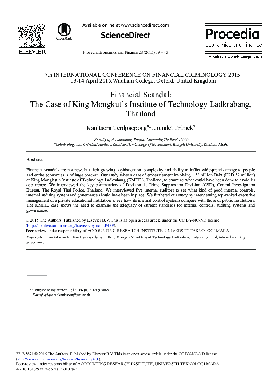 Financial Scandal: The Case of King Mongkut's Institute of Technology Ladkrabang, Thailand 