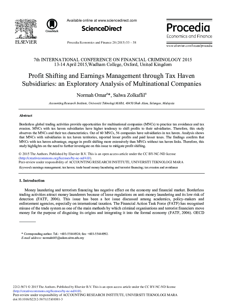 Profit Shifting and Earnings Management through Tax Haven Subsidiaries: An Exploratory Analysis of Multinational Companies 