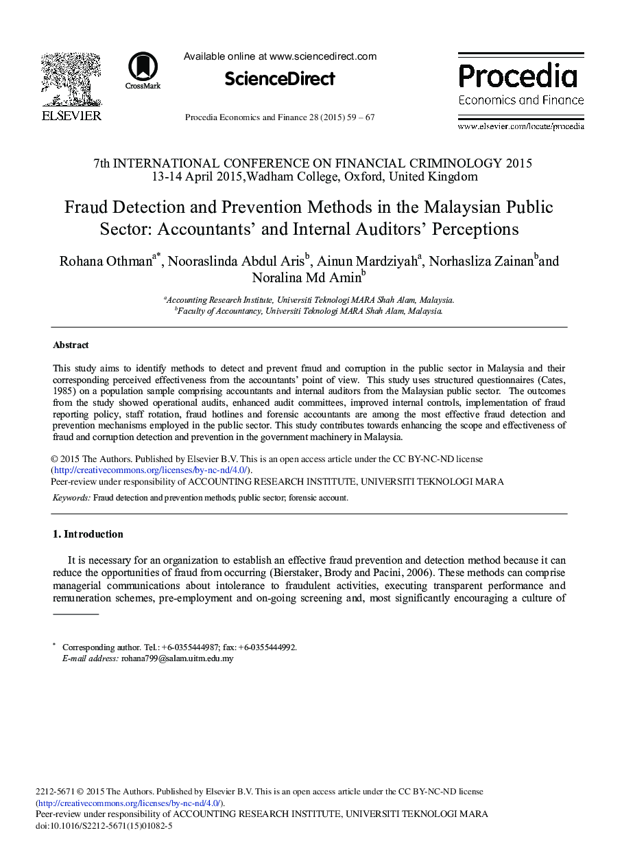 Fraud Detection and Prevention Methods in the Malaysian Public Sector: Accountants’ and Internal Auditors’ Perceptions 