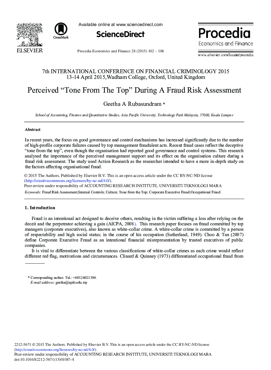 Perceived “Tone From the Top” During A Fraud Risk Assessment 