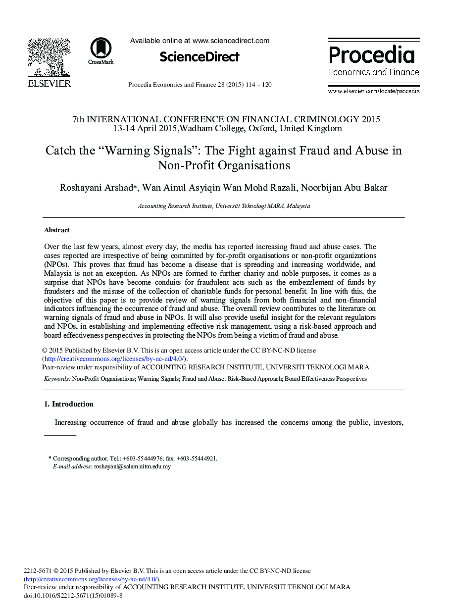 Catch the “Warning Signals”: The Fight against Fraud and Abuse in Non-Profit Organisations 