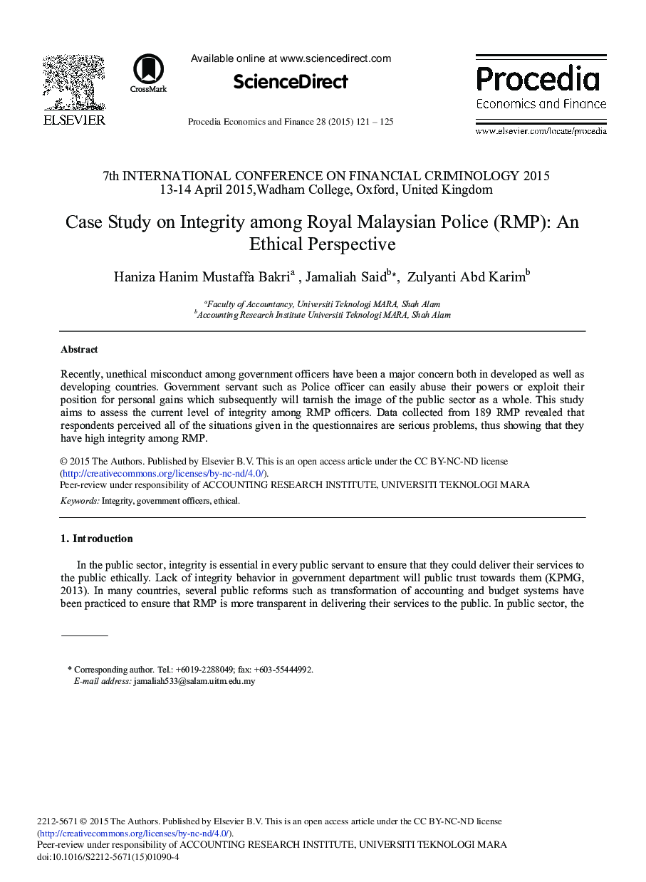 Case Study on Integrity among Royal Malaysian Police (RMP): An Ethical Perspective 