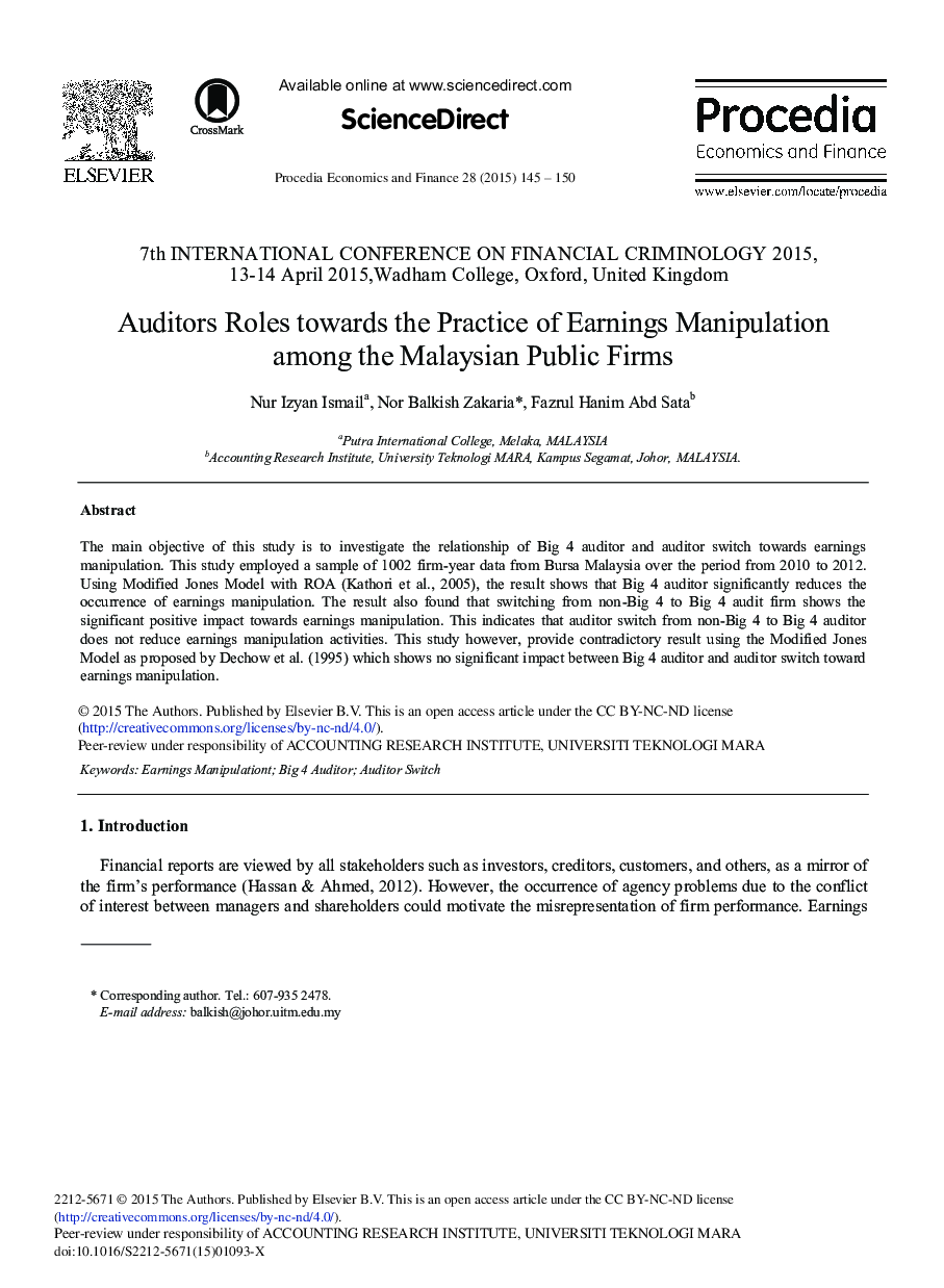 Auditors Roles Towards the Practice of Earnings Manipulation among the Malaysian Public Firms 