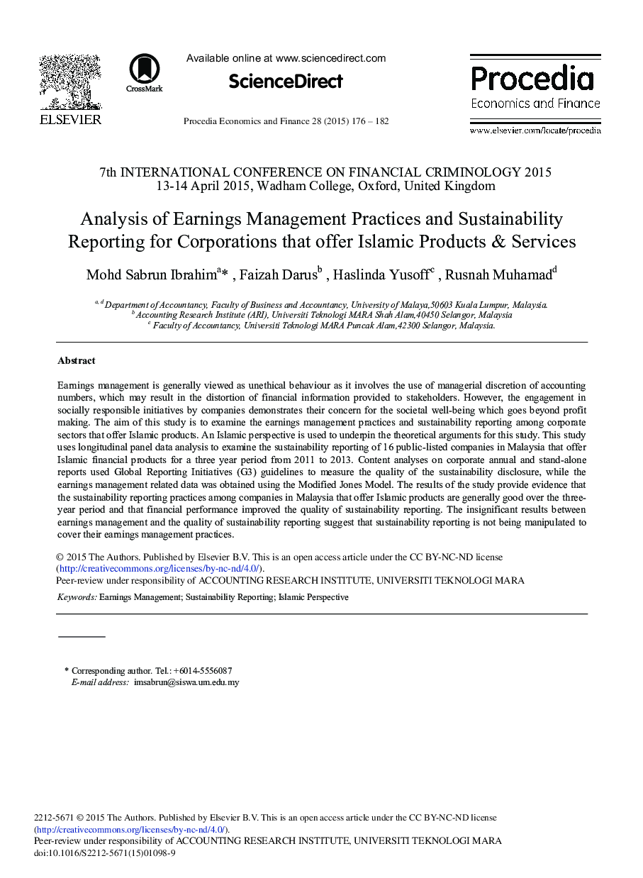 Analysis of Earnings Management Practices and Sustainability Reporting for Corporations that Offer Islamic Products & Services 