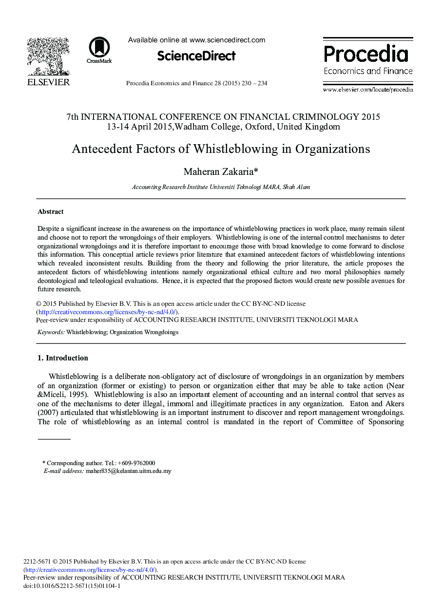 Antecedent Factors of Whistleblowing in Organizations 
