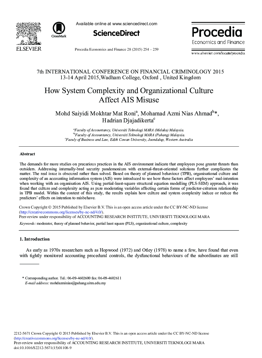 How System Complexity and Organizational Culture Affect AIS Misuse 