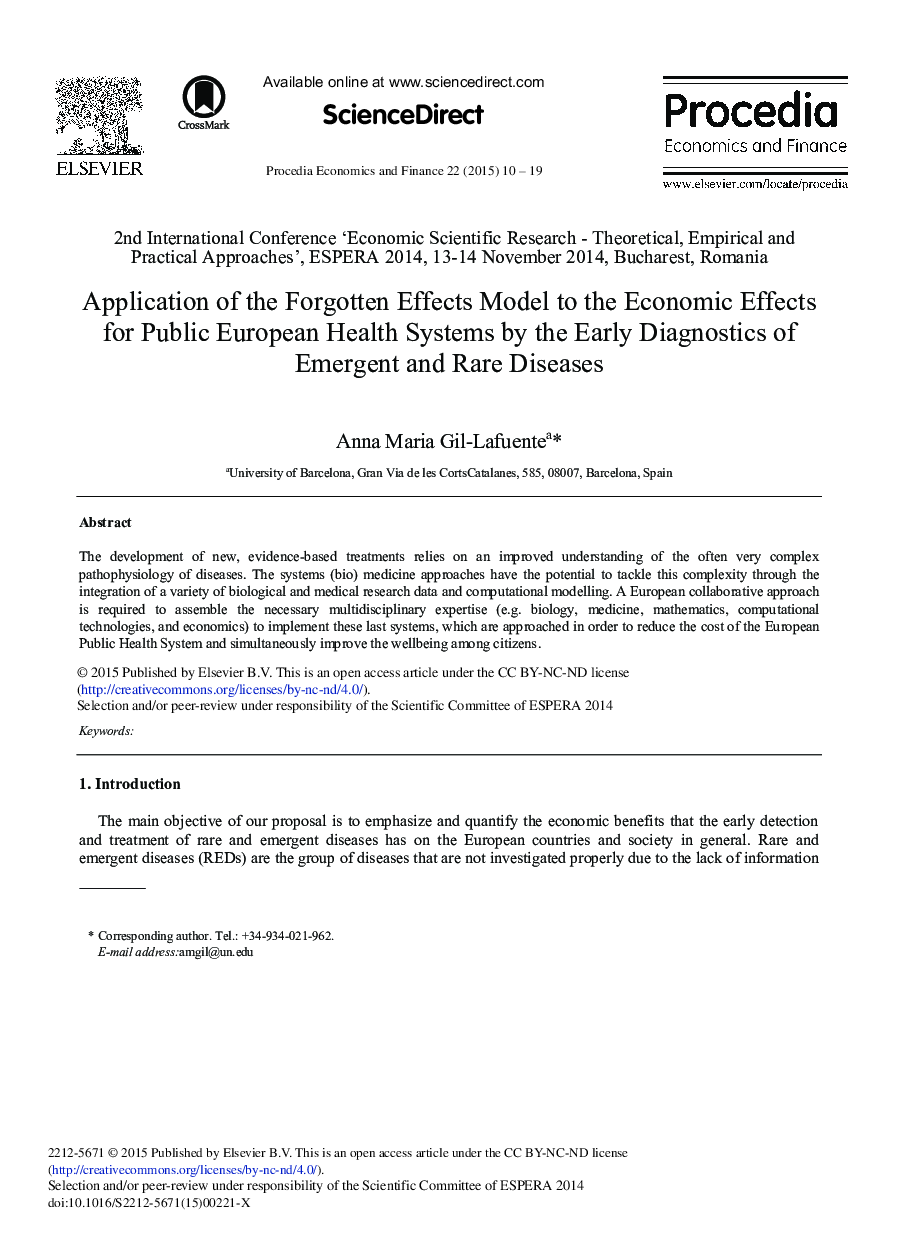Application of the Forgotten Effects Model to the Economic Effects for Public European Health Systems by the Early Diagnostics of Emergent and Rare Diseases 