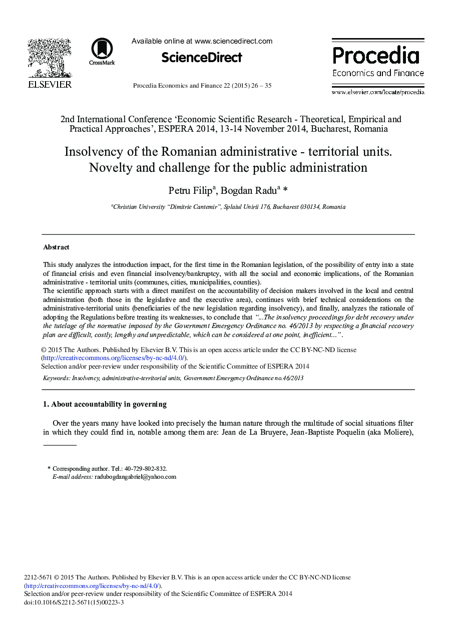 Insolvency of the Romanian Administrative - Territorial Units. Novelty and Challenge for the Public Administration 