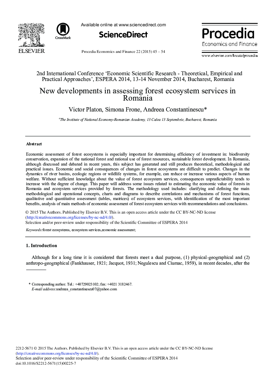 New Developments in Assessing Forest Ecosystem Services in Romania 