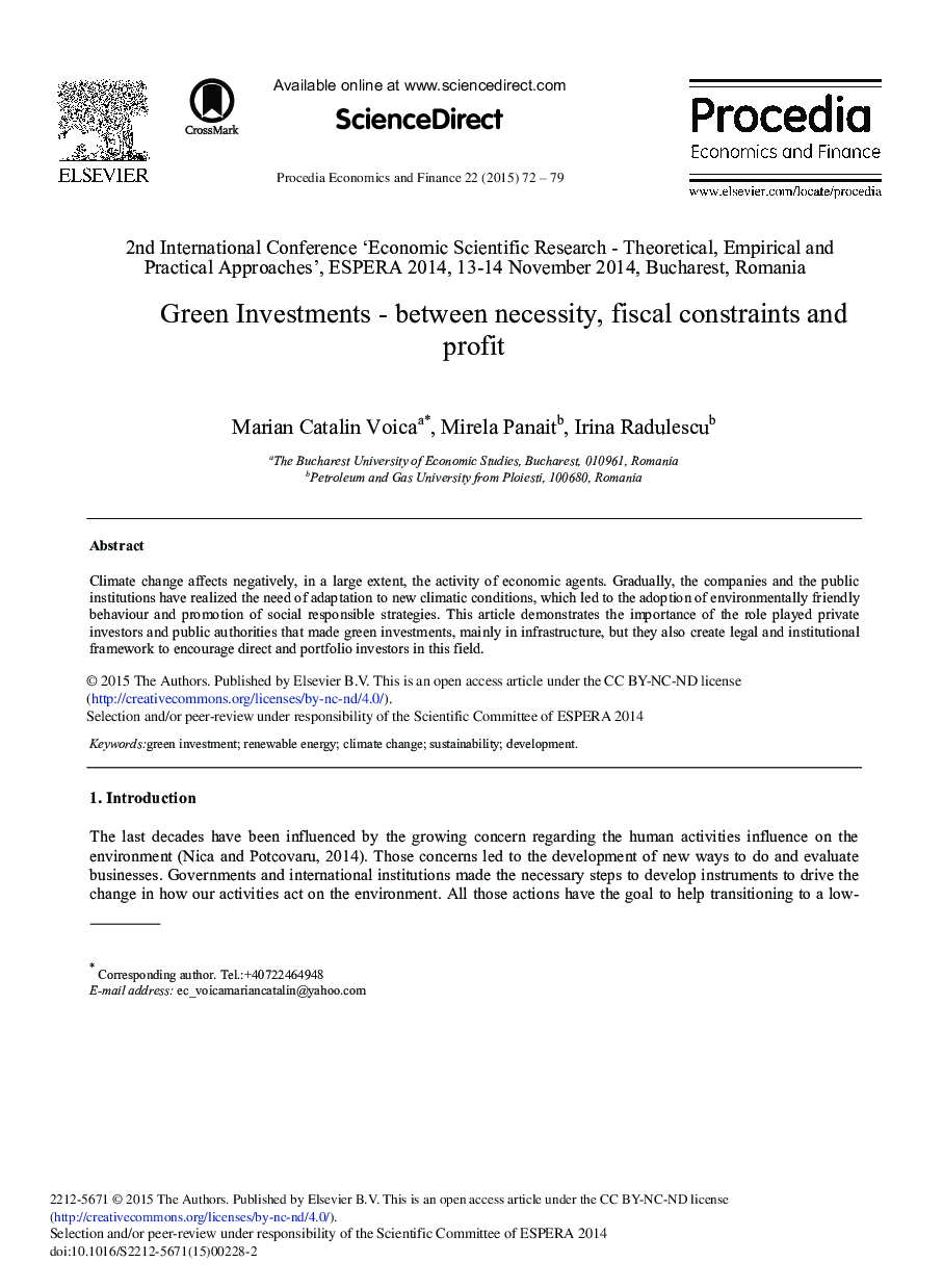 Green Investments – Between Necessity, Fiscal Constraints and Profit 