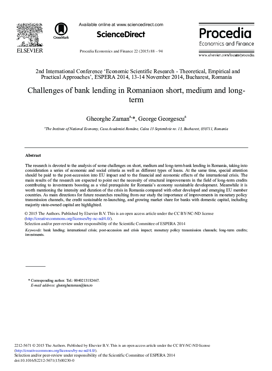 Challenges of Bank Lending in Romaniaon Short, Medium and Long-term 