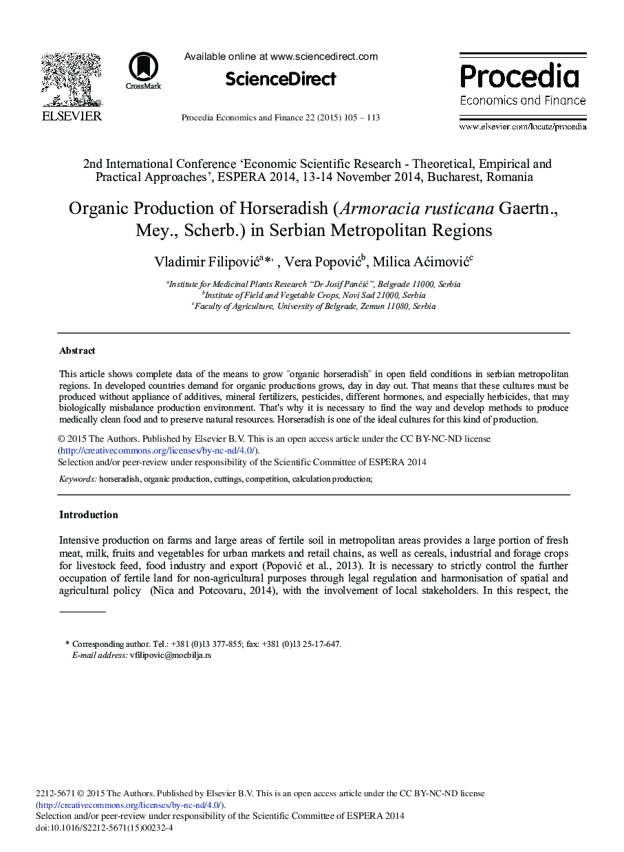 Organic Production of Horseradish (Armoracia Rusticana Gaertn., Mey., Scherb.) in Serbian Metropolitan Regions 
