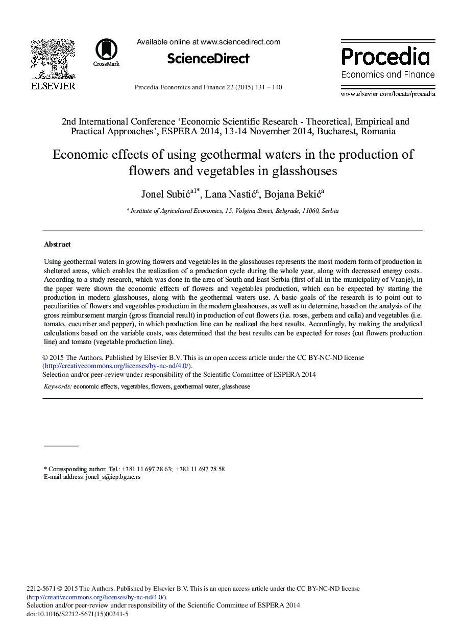 Economic Effects of Using Geothermal Waters in the Production of Flowers and Vegetables in Glasshouses 