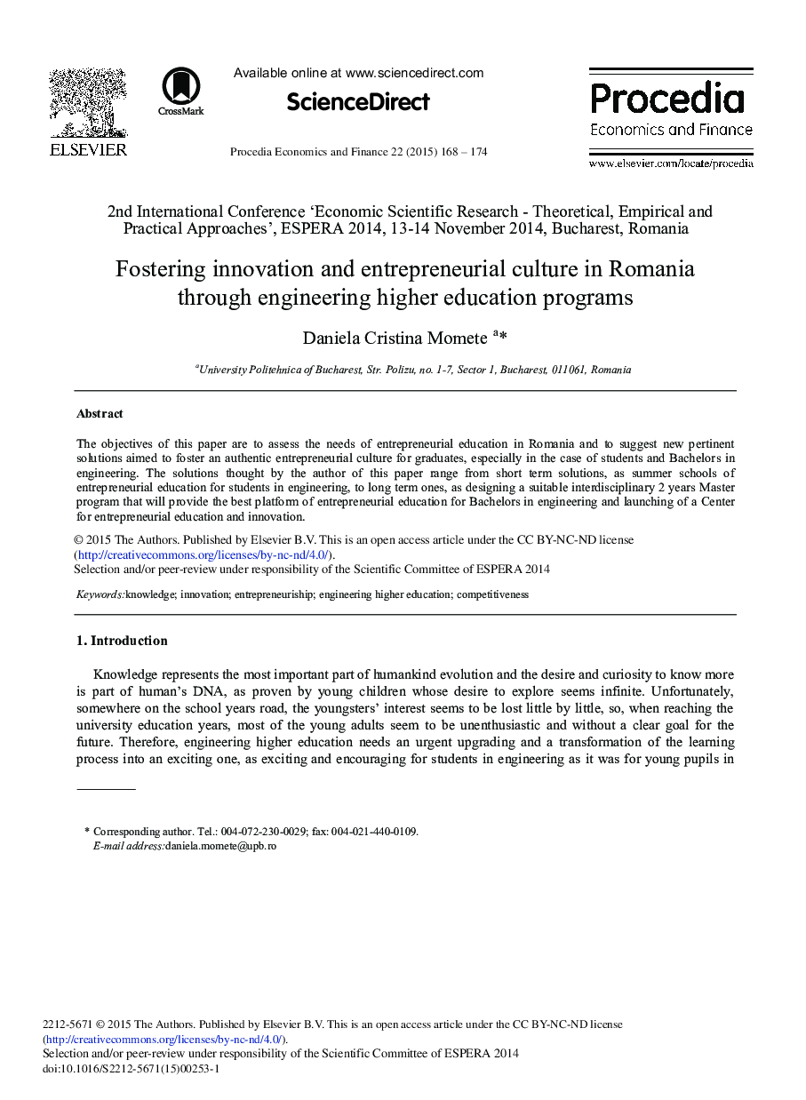 Fostering Innovation and Entrepreneurial Culture in Romania through Engineering Higher Education Programs 