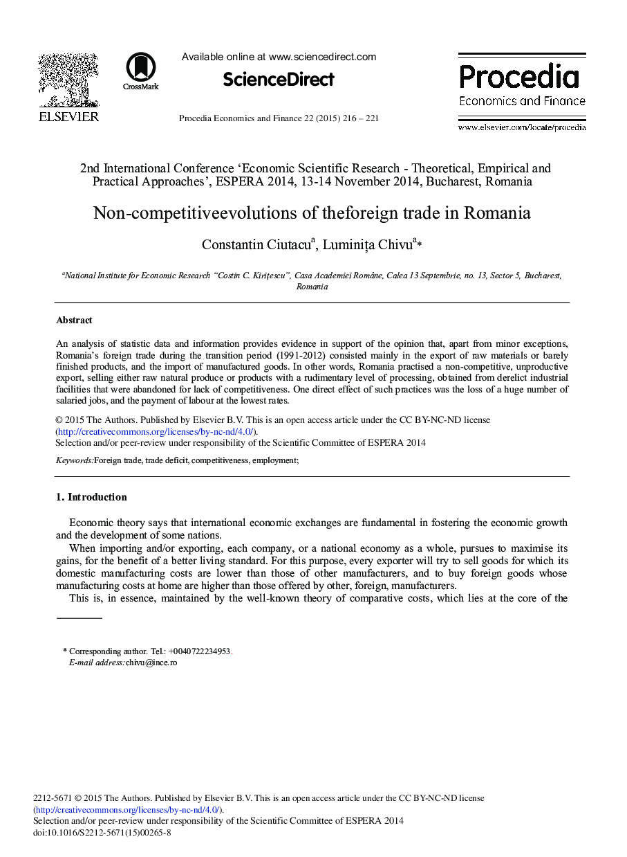 Non-competitive Evolutions of the Foreign Trade in Romania 